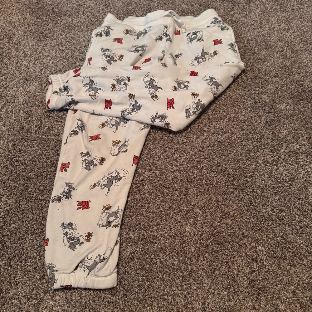 Tom and Jerry White Sweatpants Pants Cartoon Retro Sleep Pants Size Medium